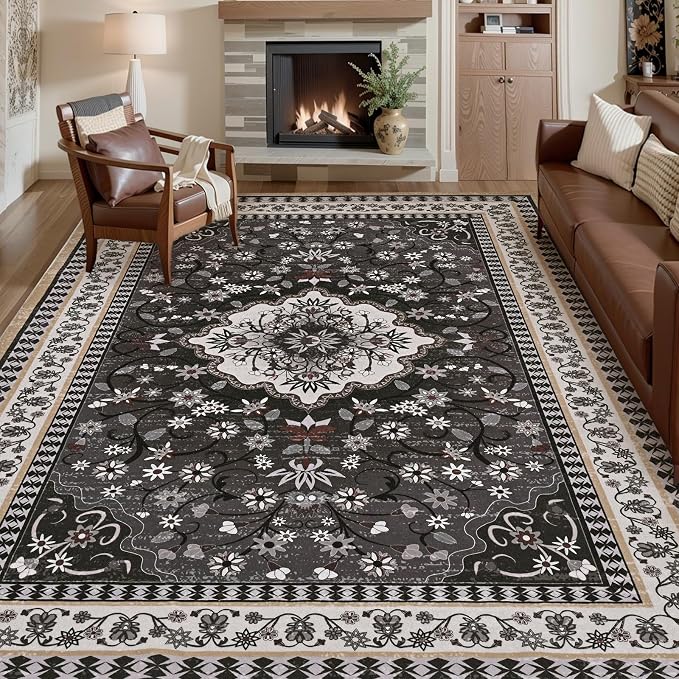 Luxury 8' x 10' Black Washable Area Rugs, Boho Low Pile Easy Clean Non-Slip Rug by BLEUMCADE