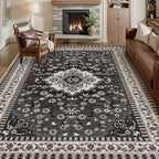 Luxury 8' x 10' Black Washable Area Rugs, Boho Low Pile Easy Clean Non-Slip Rug by BLEUMCADE