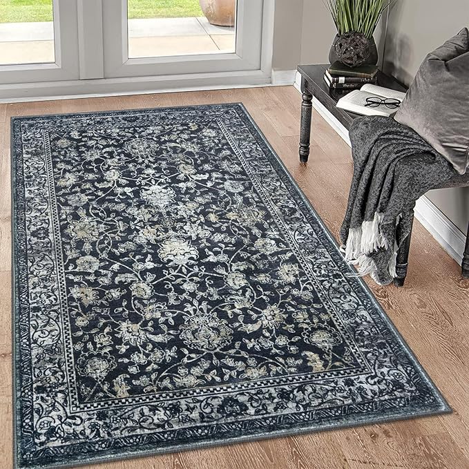KILOCOCO Area Rug 3x5 Entryway Rug Washable Printed Vintage Floral Rubber by Kilococo
