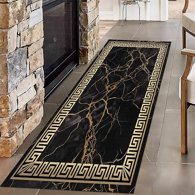 Black Gold Marble Texture Entryway Carpet, Greek Key Geometric Design Bedroom by Unknown