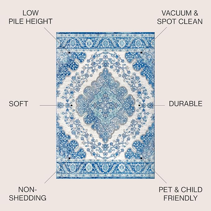 JONATHAN Y Boho Vintage Cream/Blue Indoor Area Rug, Bohemian Flair Medallion - Image 3