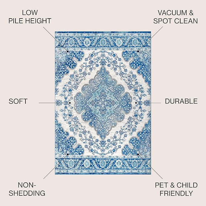JONATHAN Y Boho Vintage Cream/Blue Indoor Area Rug, Bohemian Flair Medallion - Image 3
