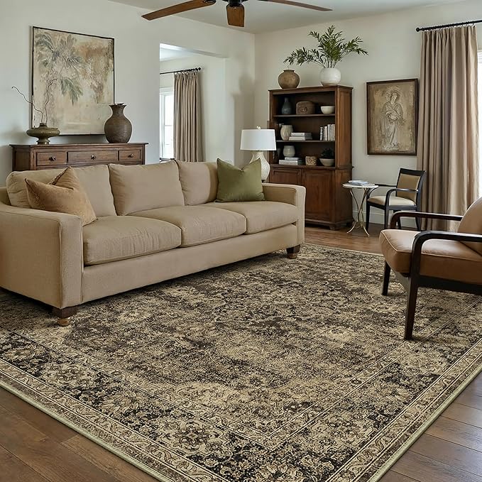 HUGEAR Retro Brown Area Rug 8x10 Machine Washable Living Room Rugs Distressed by HUGEAR