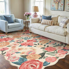 Washable Floral Area Rug 4x6 Beige Office Carpet Scalloped Flower Non Slip Soft - Image 4