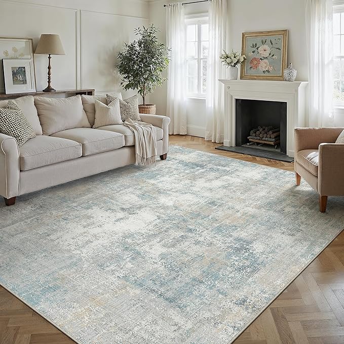 8x10 Washable Area Rug Blue Cream Abstract Living Room Bedroom Carpet Neutral - Image 4