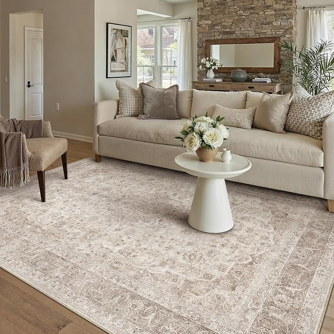 Beige Area Rug 4x5 Washable Office Entryway Vintage Carpet Low Pile Non Slip - Image 3