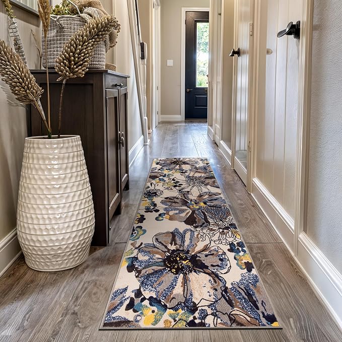 Rugshop Cream Bright Flowers Non Slip Non-Shedding Runner Rug by Rugshop