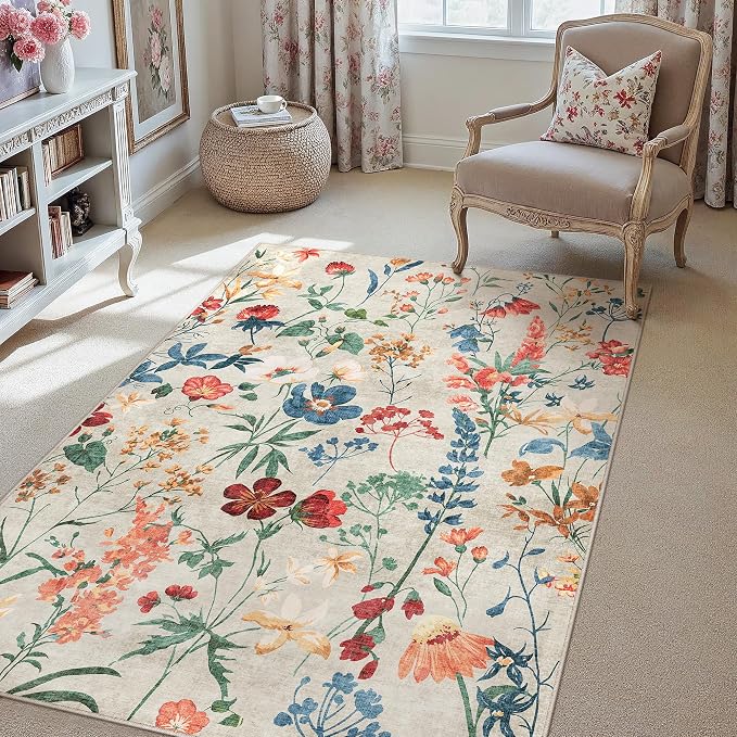 Beige Area Rug 4x6 Office Floral Indoor Door Mat Washable Boho Kitchen Living - Image 6