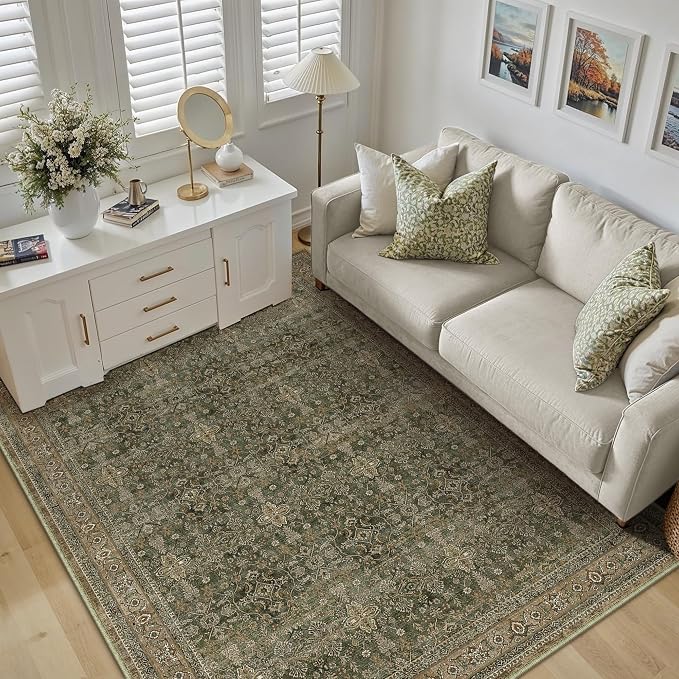 Entryway Area Rug 4x6 Green Brown Vintage Washable Office Carpet Traditional - Image 4