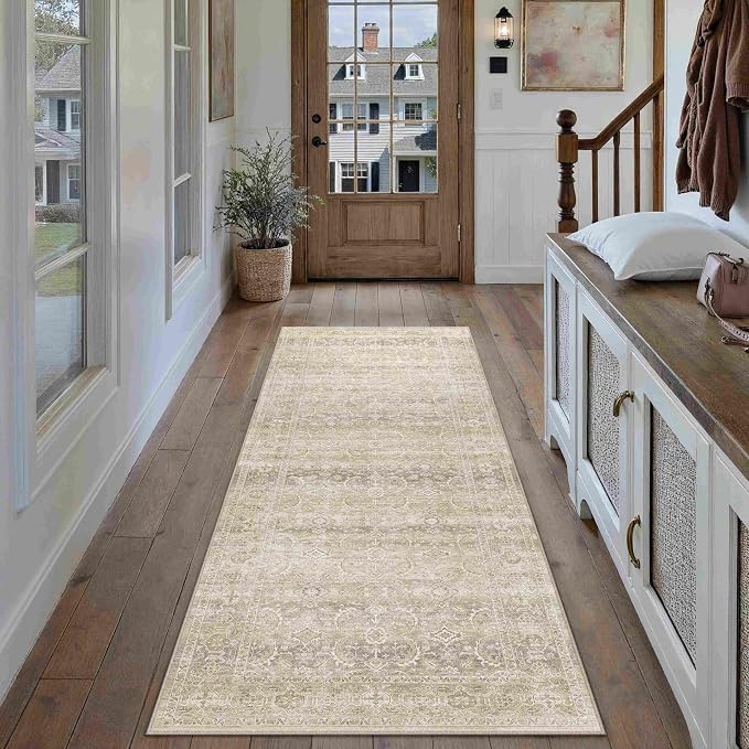 HUGEAR 2x6 Washable Area Rug Beige Runner Rug Vintage Neutral Non Slip Soft - Image 2