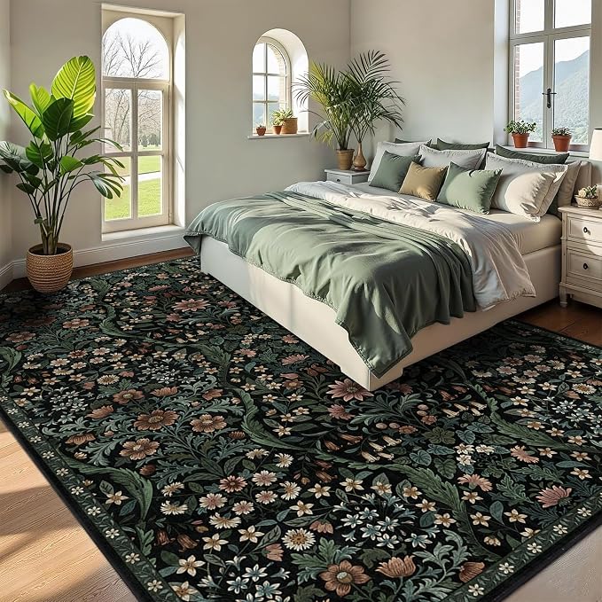 9x12 Black Vintage Floral Area Rug, Washable Large Boho Living Room Rugs - Image 4