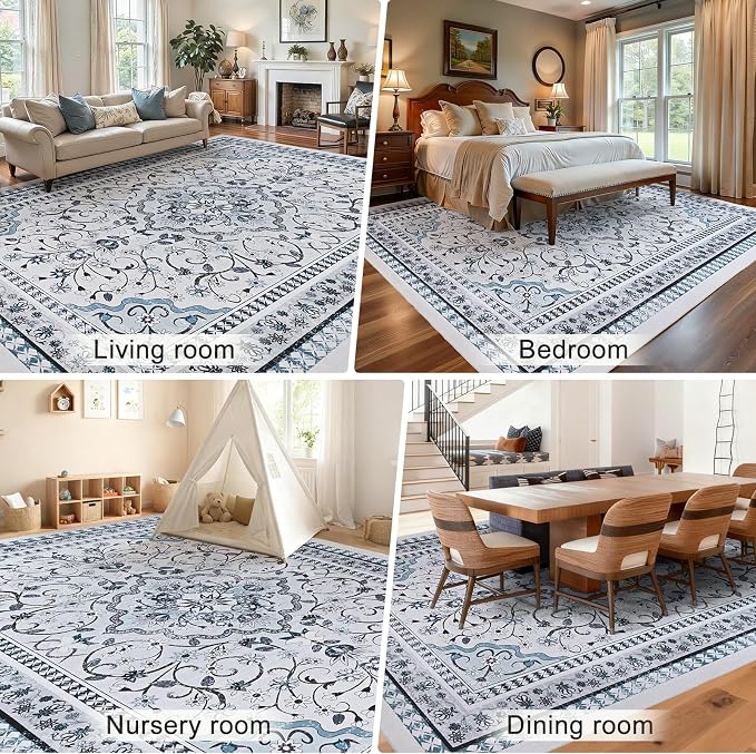 Luxury 8' x 10' Green Washable Area Rugs, Boho Low Pile Easy Clean Non-Slip Rug - Image 4