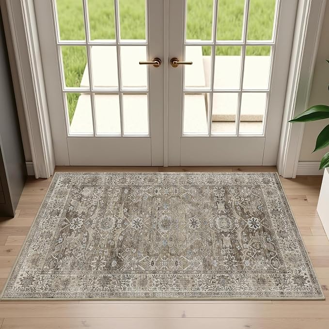 2x3 Entryway Rug Brown Grey Washable Vintage Rugs - Image 2