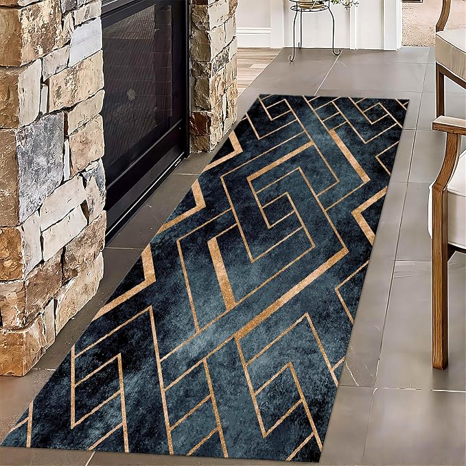 Navy Blue Gold Geometric Rug Runners by Unknown