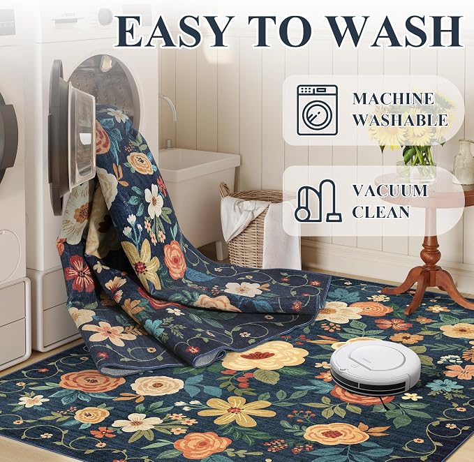 DUKINO Floral Round Rug, 6ft Washable Circle Rug, Non Slip Indoor Low Pile - Image 5