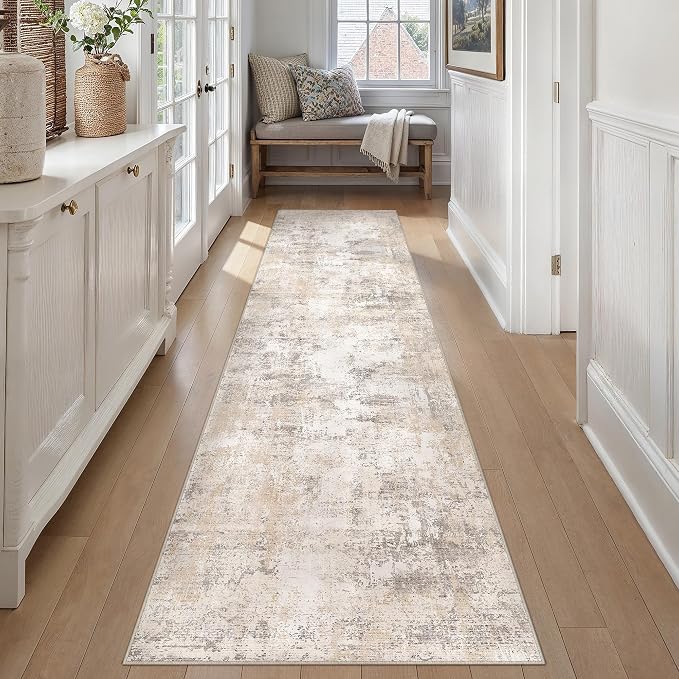 2x14 Washable Runner Rug Beige Grey Abstract Hallway Kitchen Throw Rug Neutral - Image 4
