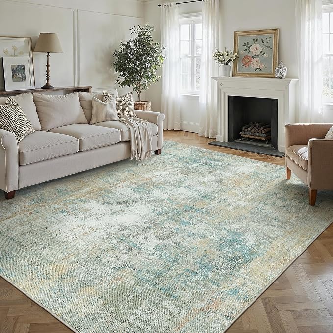 10x12 Area Rug Teal Beige Abstract Living Room Bedroom Washable Carpet Neutral - Image 4