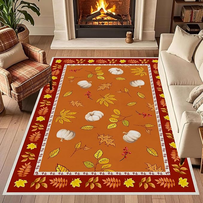 Fallen Leaves Carpet for Kitchen, Autumn Pumpkins by LHOMKCV