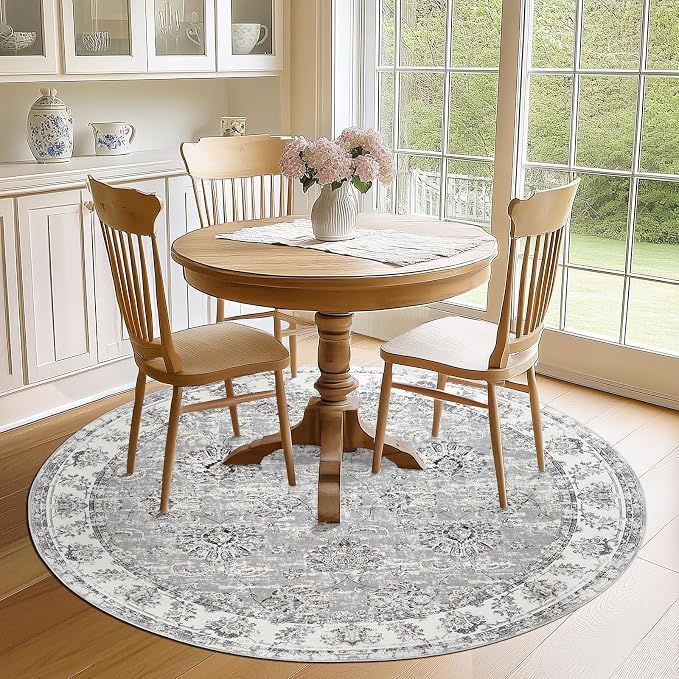jinchan Fiora Round Rug 6ft Area Rugs Vintage Floral Distressed Design - Image 2