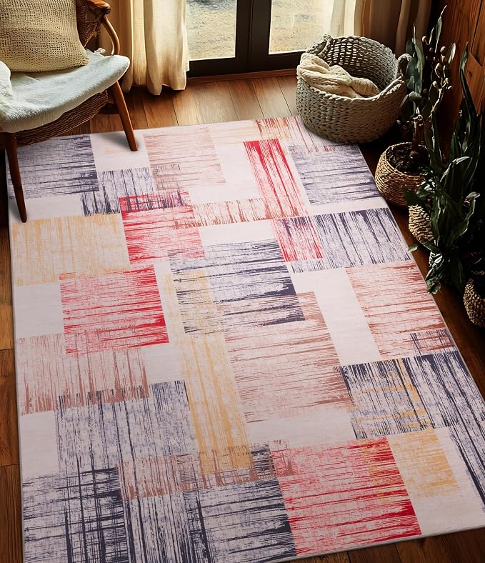 YIHOUSE Cream Retro Rugs 5x7, Farmhouse Abstract Area Rug, Unique Checkered by YIHOUSE