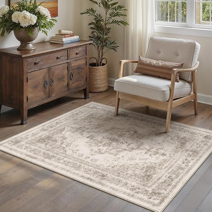 Area Rug 2x3 Beige Washable Entryway Vintage Medallion Carpet Non Slip Low Pile - Image 6
