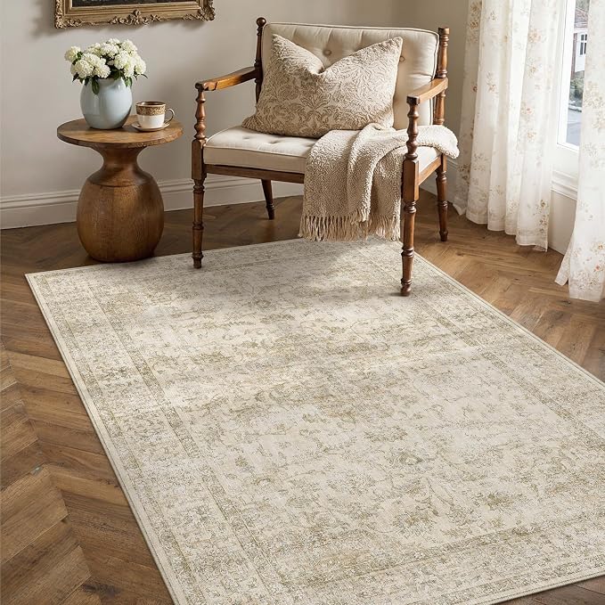 HUGEAR 3x5 Entryway Area Rug Retro Beige Small Rug Machine Washable Door Mat by HUGEAR