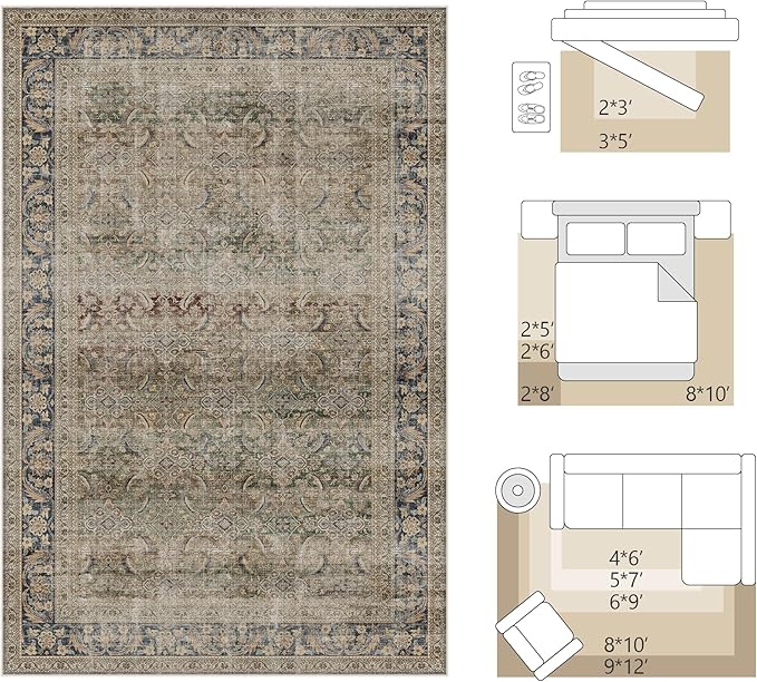 Fmfunctex 5x7 Washable Area Rug Neutral Vintage Brown Distressed Non Slip Low - Image 2