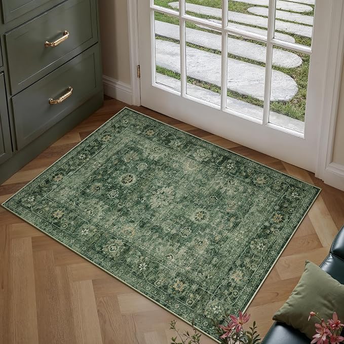 2x3 Washable Area Rug for Entryway Green Vintage Non-Slip Low Pile Distressed - Image 3