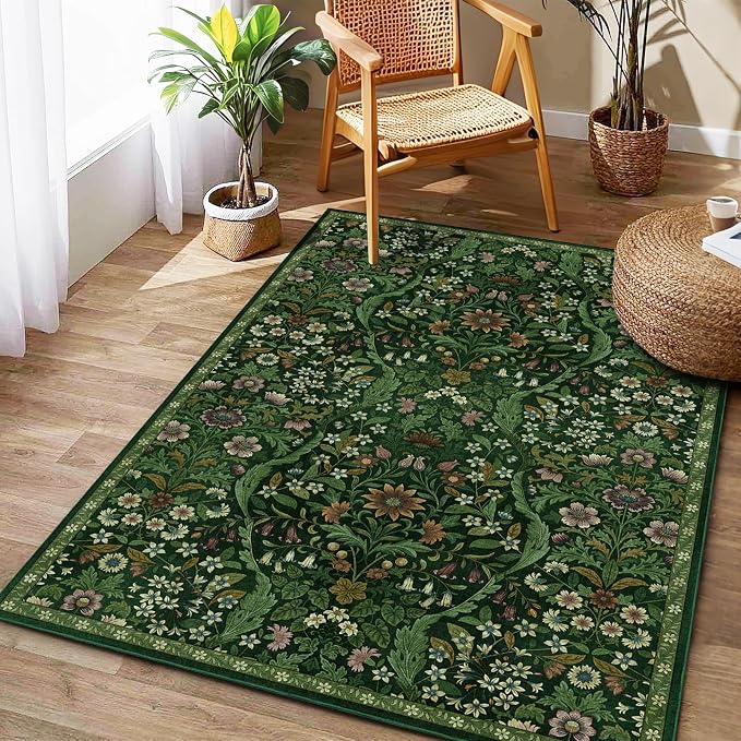 3x5 Dark Green Boho Floral Vintage Area Rug, Soft Lightweight Low Pile - Image 3