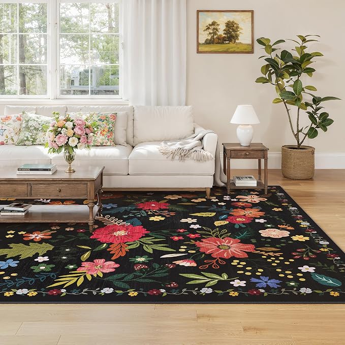 Living Room Rug 8x10 Rug Machine Washable Boho Area Rug Non Slip Floral Vintage - Image 2