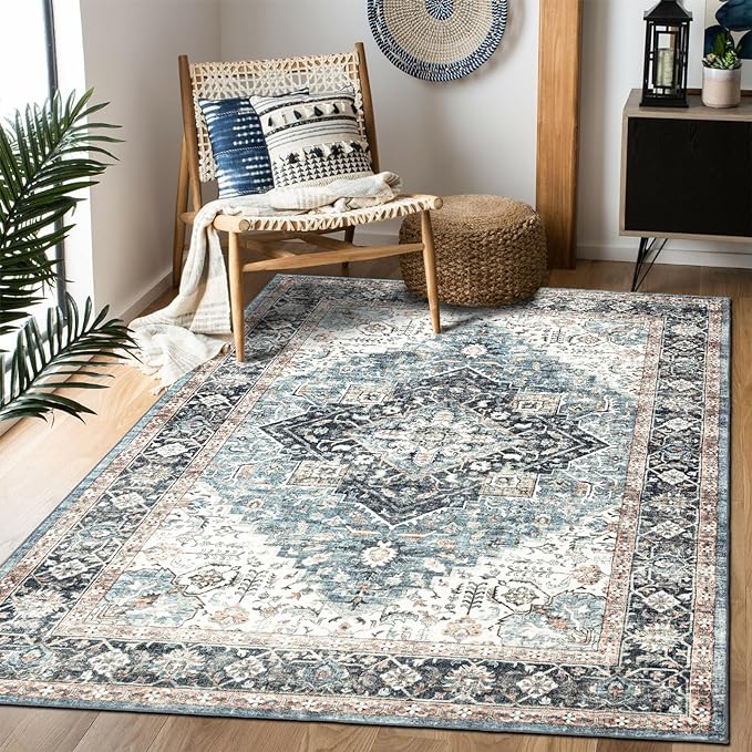 Area Rug 5×7, Vintage Boho Rug, Ultra-Soft Low Pile, Non Slip, Stain Resistant by DomitapisRug