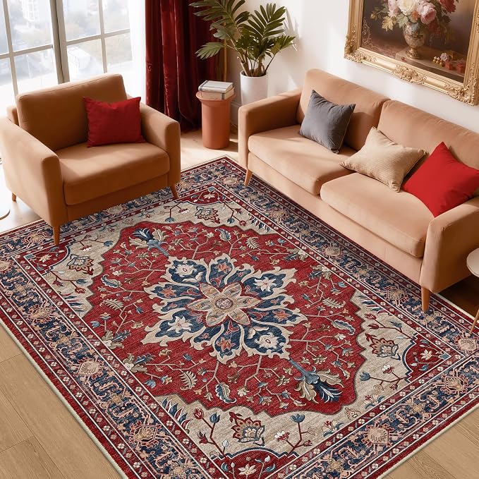 Area Rugs 8'x10' Washable Non-Slip, Floral Vintage Distress Print Pattern by RELEANY