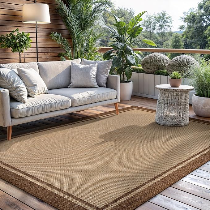 CAMILSON Indoor Outdoor Rug, 10x14 Bordered Natural Brown Modern Large Area Rugs - Image 7
