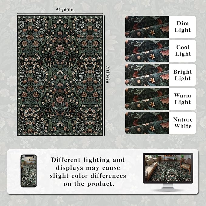 5×7 Black Washable Floral Area Rug, Vintage Boho Soft Low-Pile Living Room Rugs - Image 2