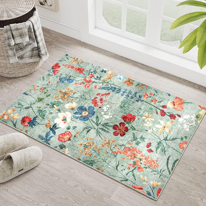 Green Area Rug 2x3 Entryway Floral Boho Door Mat Indoor Washable Kitchen Carpet - Image 5