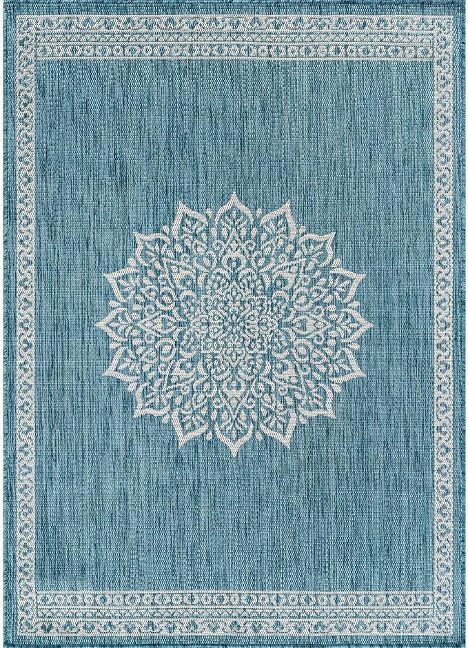 CAMILSON Outdoor Rug 6x9 Medallion Aqua Modern Area Rugs - Image 2