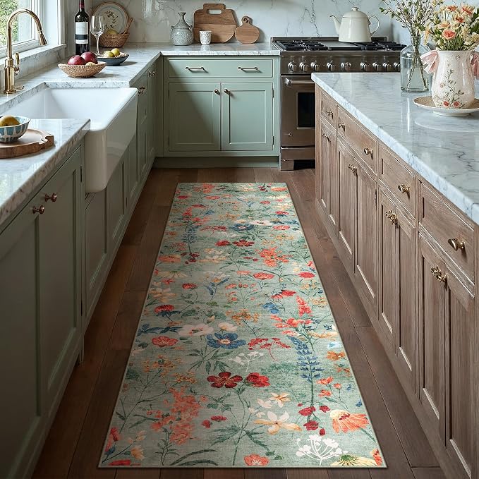 Floral Runner Rug 2x8 Washable Hallway Long Green Bedroom Carpet Non Slip by PureCozy