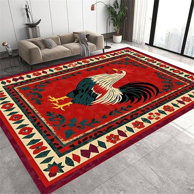 Vintage Rooster Area Rug, Beautiful Floral Border Country Style Rooster - Image 3