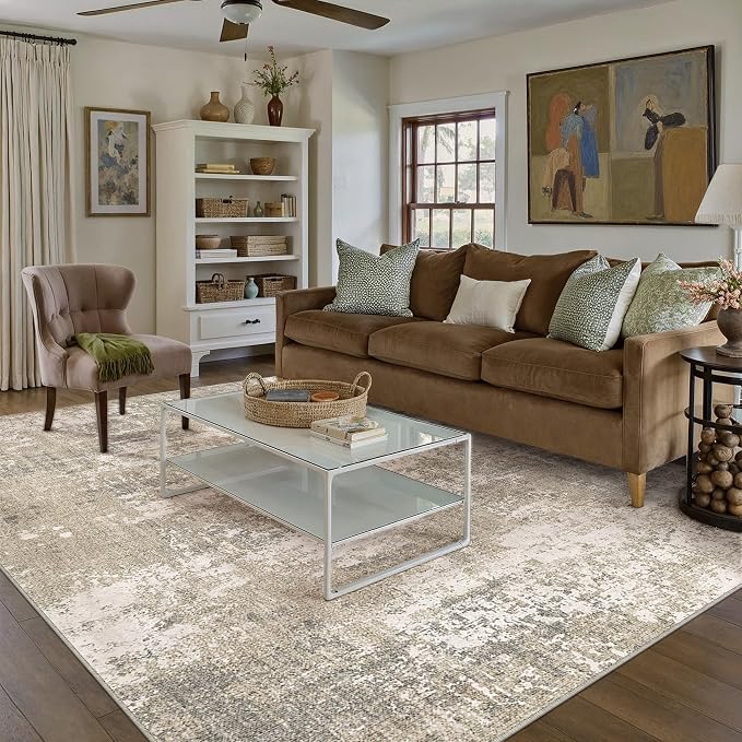 Beige Area Rug 6x9 Machine Washable Modern Abstract Living Room Carpet Non Slip - Image 5