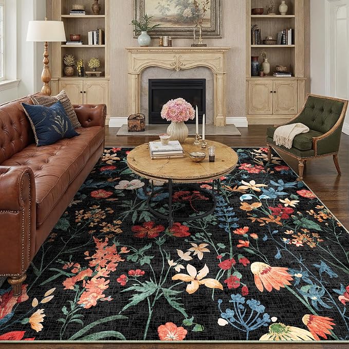 Black Area Rug 8x10 Floral Washable Living Room Kitchen Boho Carpet Non Slip by PureCozy