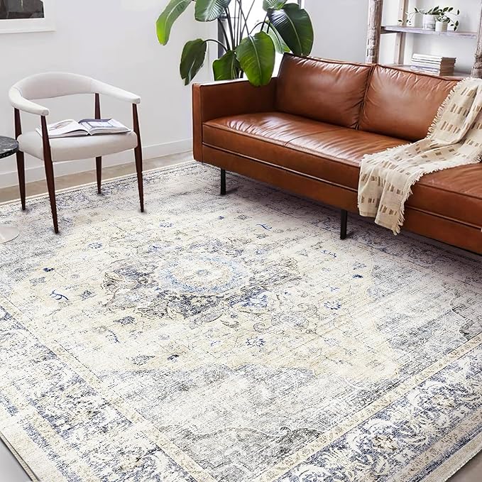 Washable Area Rug 10'x14' Floral Blue Boho Design Non-Shedding Easy Care Ideal - Image 2