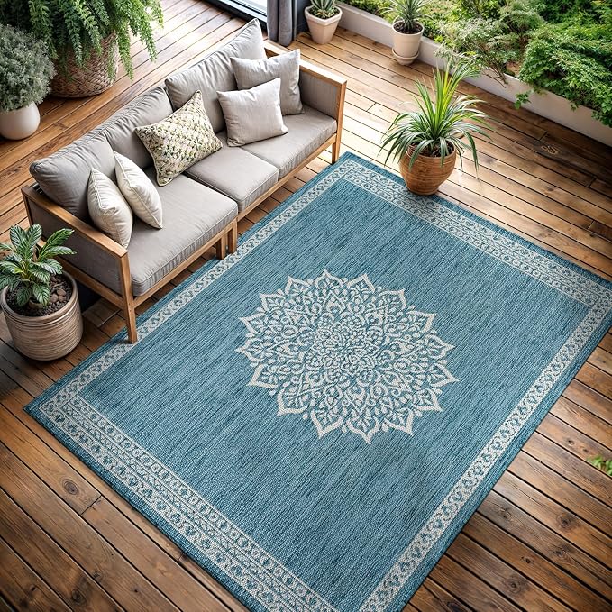 CAMILSON Outdoor Rug 6x9 Medallion Aqua Modern Area Rugs - Image 6