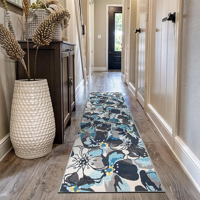 Rugshop Gray Large Floral Non-Slip Runner Rug Fade Resistant by Rugshop
