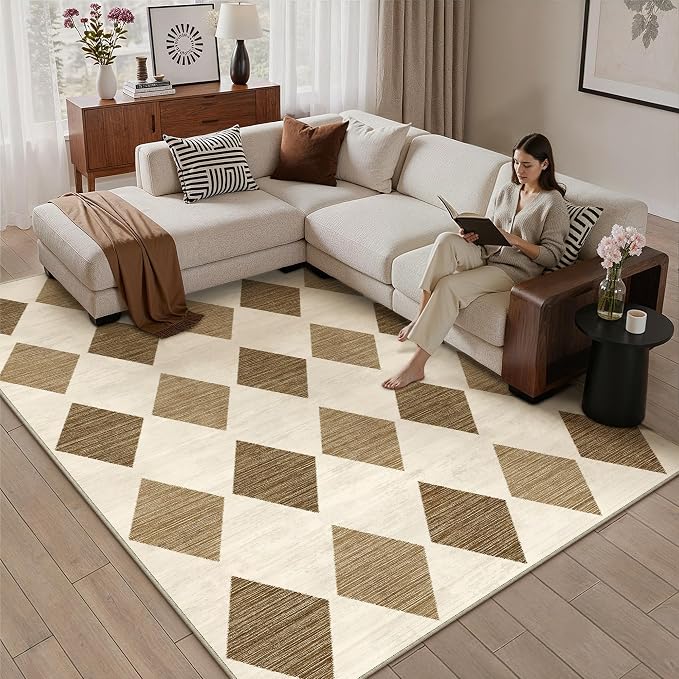 5x7 Checkered Area Rugs for Living Room Brown Machine Washable Large Rug by PureCozy