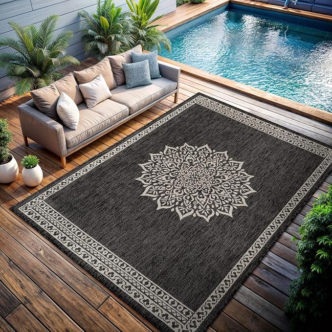 CAMILSON Outdoor Rug 6x9 Medallion Darkgray Modern Area Rugs - Image 4