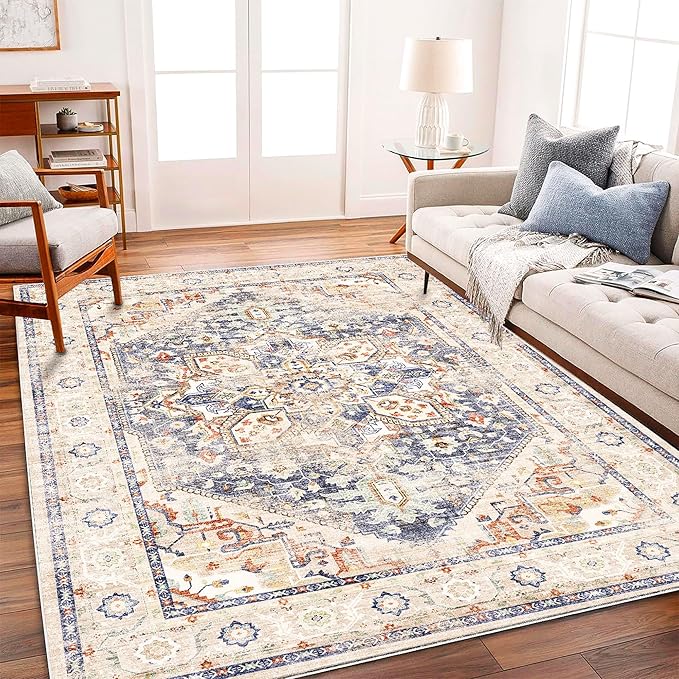 Area Rug 5'x7' Blue Khaki Washable Vintage Traditional Floor Cover Thin Retro by CHAMPLANT