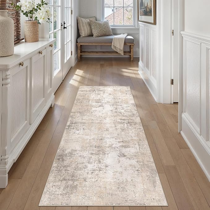 2'6x8 Washable Runner Rug Beige Grey Abstract Hallway Kitchen Throw Rug Neutral by WondRg