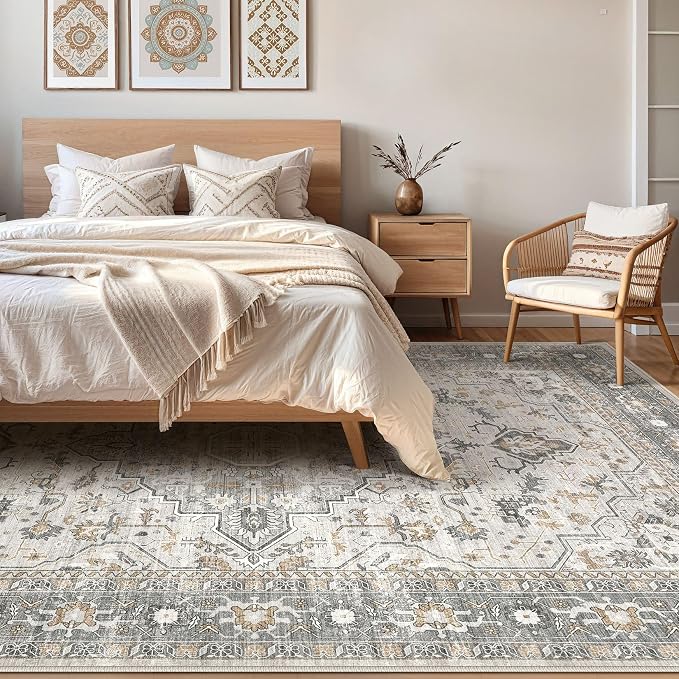 8x10 Area Rugs Living Room: Washable Boho Large Neutral Vintage Soft Rug Stain - Image 4