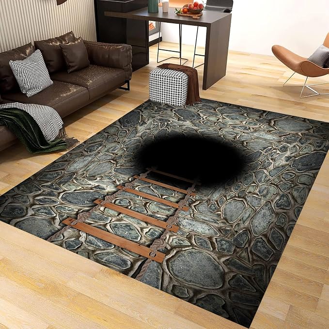 3D Deep Abyss Canyon Indoor Rug, Stone Built Cave Wooden Ladder Carpet - Image 2