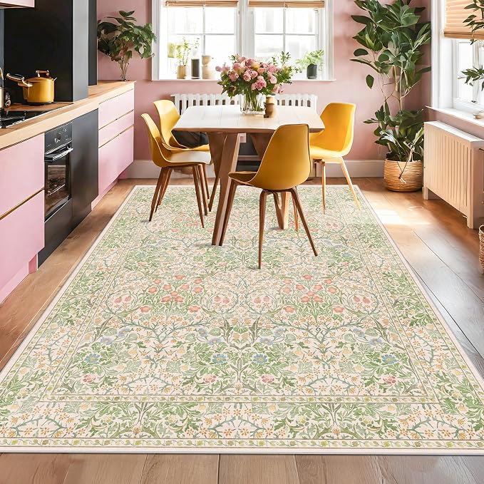 Light Beige Green Floral Living Room Rug, 7x9 Washable Area Rug - Image 6